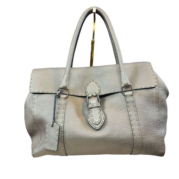 Fendi Selleria Silver Metallic Calf Skin Leather Linda Pebble Large Tote Hand Ba - Picture 1 of 14